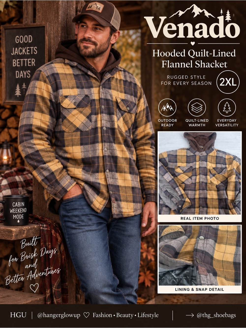 Venado Hooded Quilt-Lined Flannel Shacket Plaid Men’s 2XL